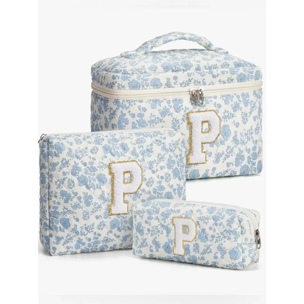 NEW Monogram P Initial Blue Floral Cosmetic Bag Set